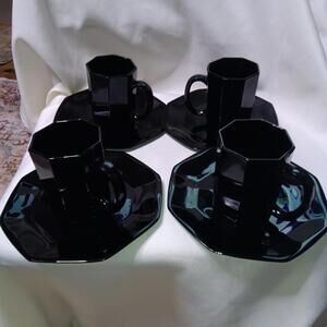 VTG 4 Arcoroc Octime Noir Black Octagon Demitasse Espresso Cups & Saucers